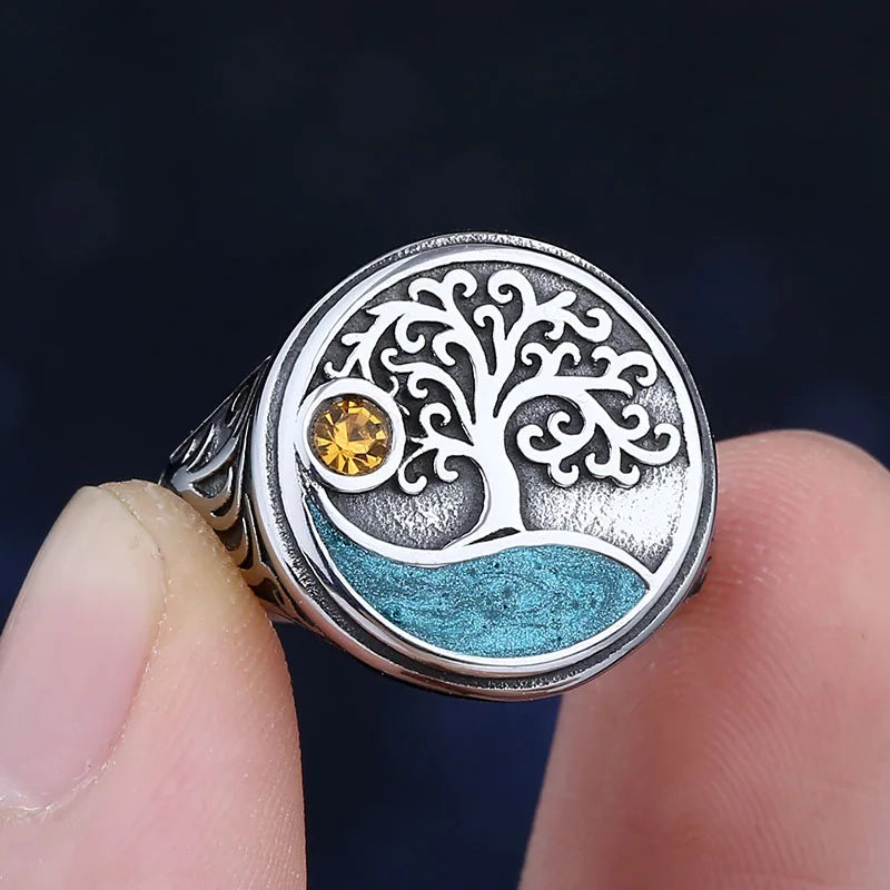 Viking Tree of Life Ring, Yellow Zircon — Stainless Steel