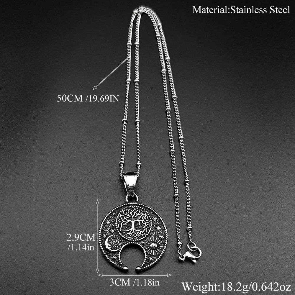 Tree Of Life Moon Sun Chain For Women Men Stainless Steel Star Celtic Knot Dark Punk Nature Gothic Pendant Necklace