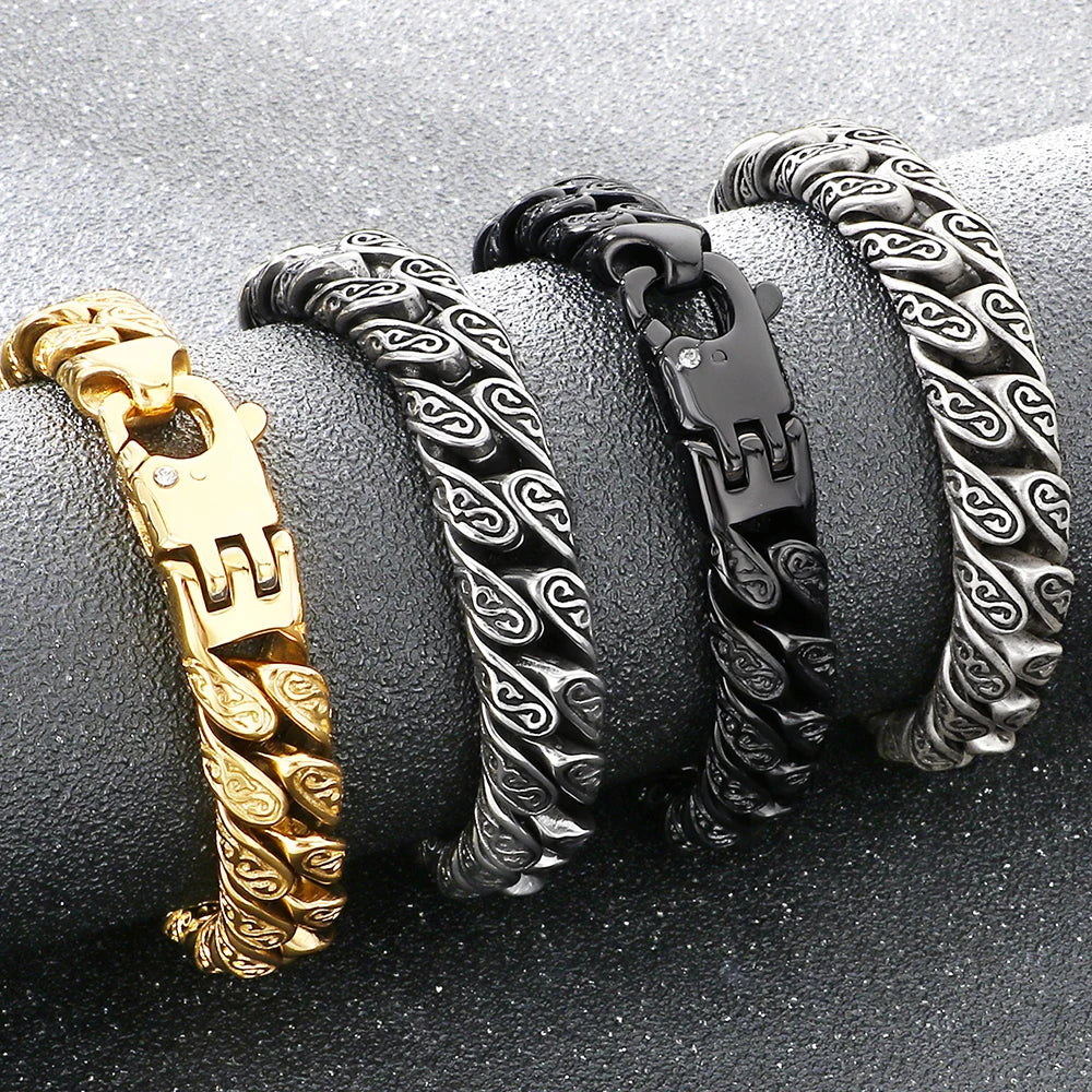 Vintage 12MM Width Cuban Link Chain Bracelet for Man Black Gold Color Stainless Steel Men's Bracelets Wrist Hand