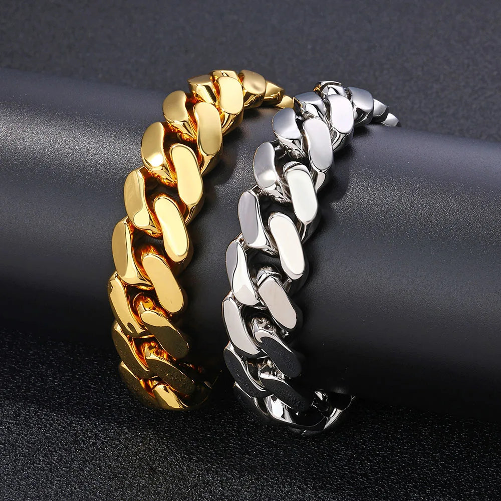 Gold Cuban Chain Necklace 15MM Smooth 18K