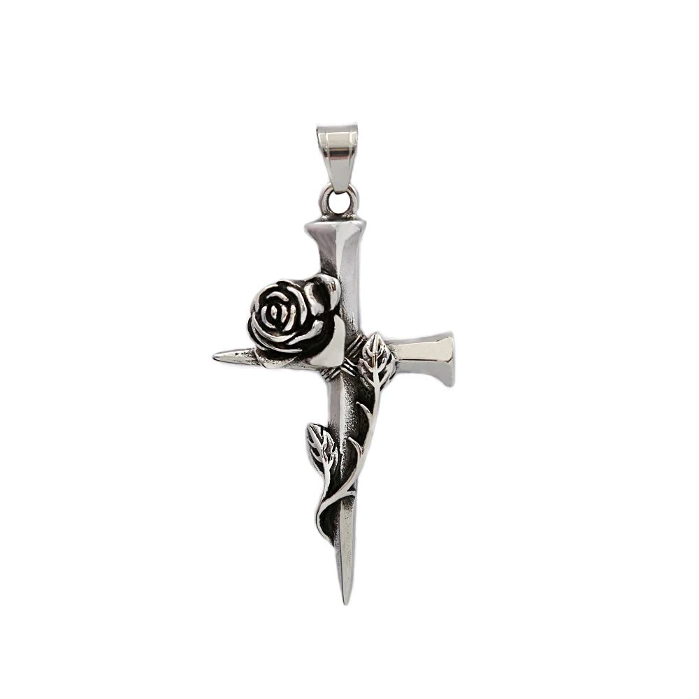 Rose Cross Pendant — Stainless Steel