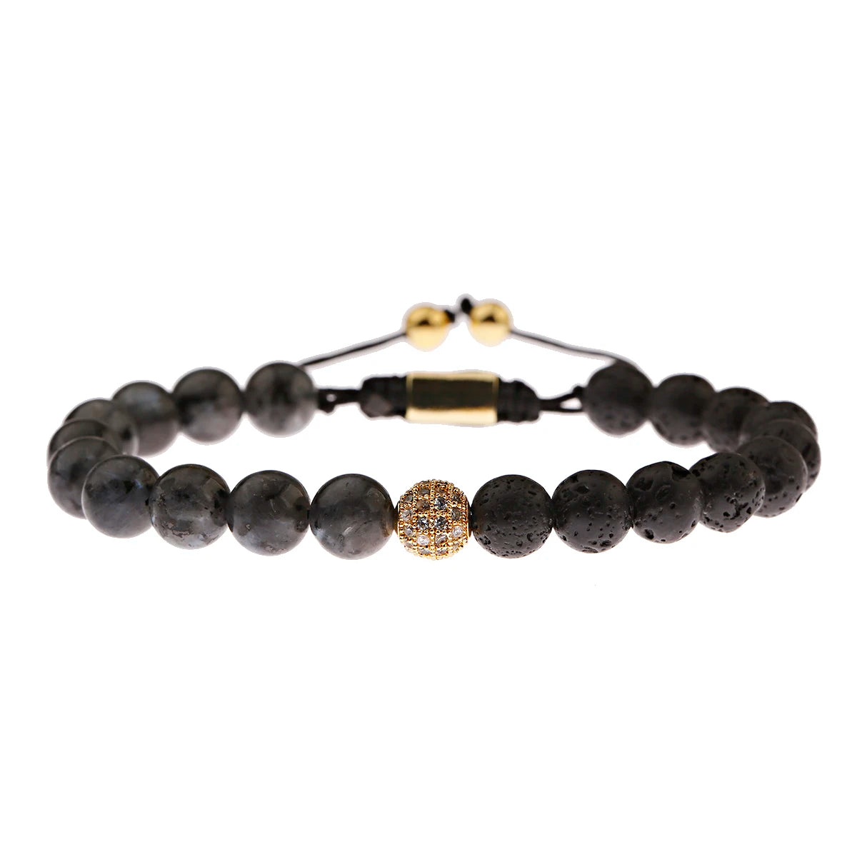 Black CZ Pave Ball Beaded Bracelet for Men — Adjustable Weave