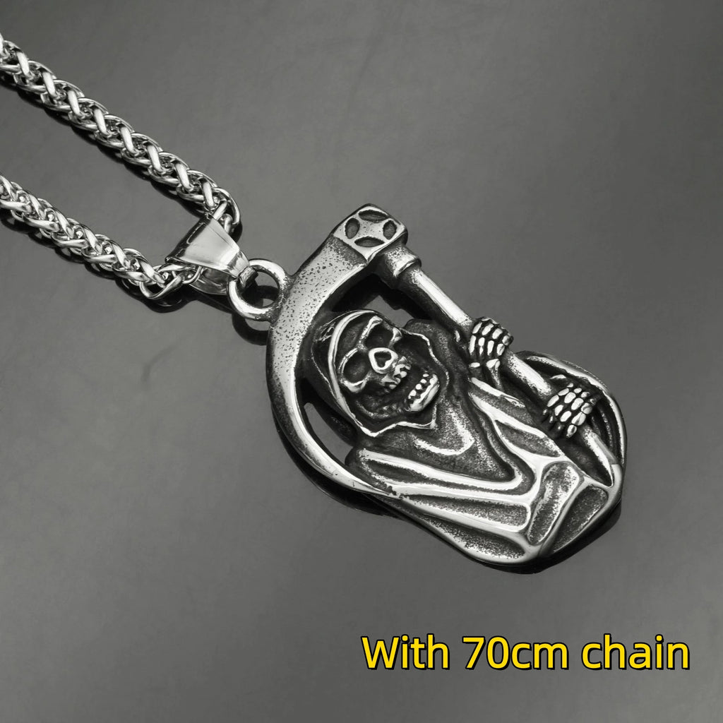 Grim Reaper Skull Biker Pendant Necklace — Stainless Steel