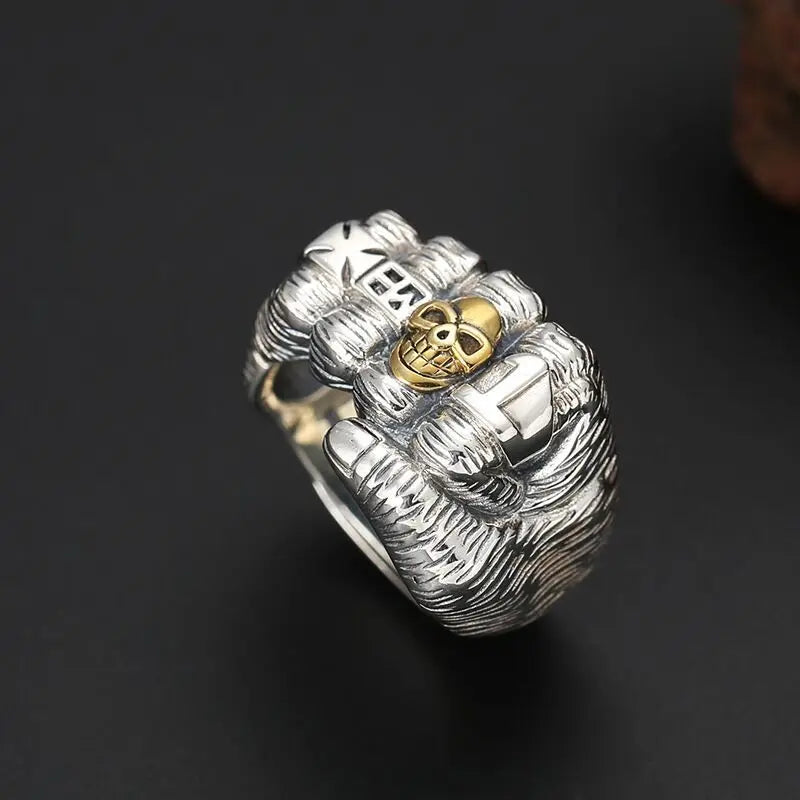 European Style Overbearing Exaggerated Retro Fist Skull 925 Sterling Silver Fashion Personality Opening Rings  TYB228