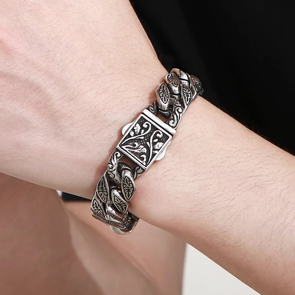 Cross Bracelet for Man Solid Stainless Steel Curb Link Chain Ancient Egyptian Style Wristband Jewelry Gifts Patterned