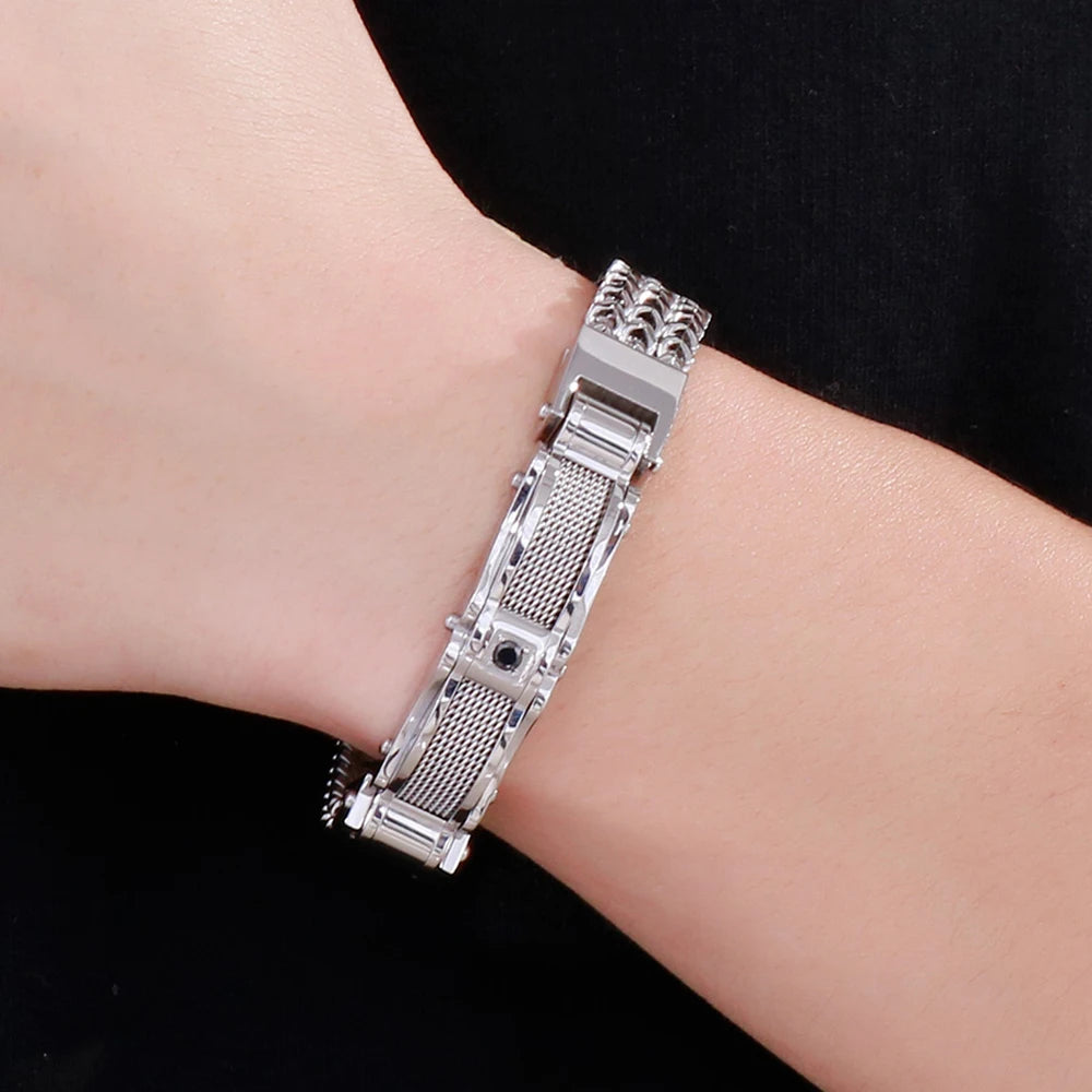 Classical Men Bracelet 12MM Width Black Gold Color Stainless Steel Men's Chain Bracelets With CZ Magnet Clasp 3 Size