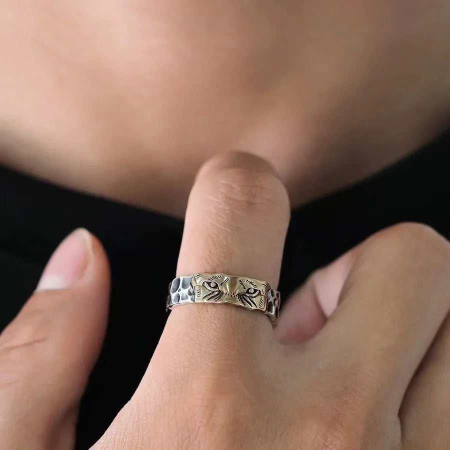 Vintage Tiger Collision Ring — Two-Tone Metal