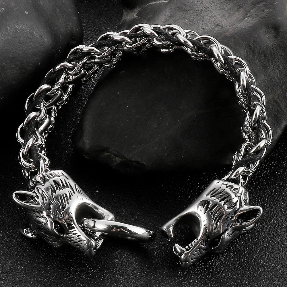 Gothic Double Wolf Heads On Hand Bands Bracelet For Men Stainless Steel Viking Jewelry Men's Bracelets With Spring Ring