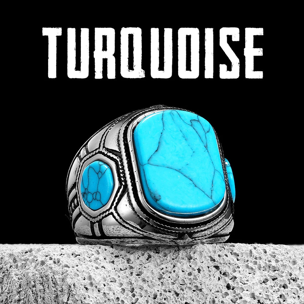 Turquoise Carved Ring — Stainless Steel