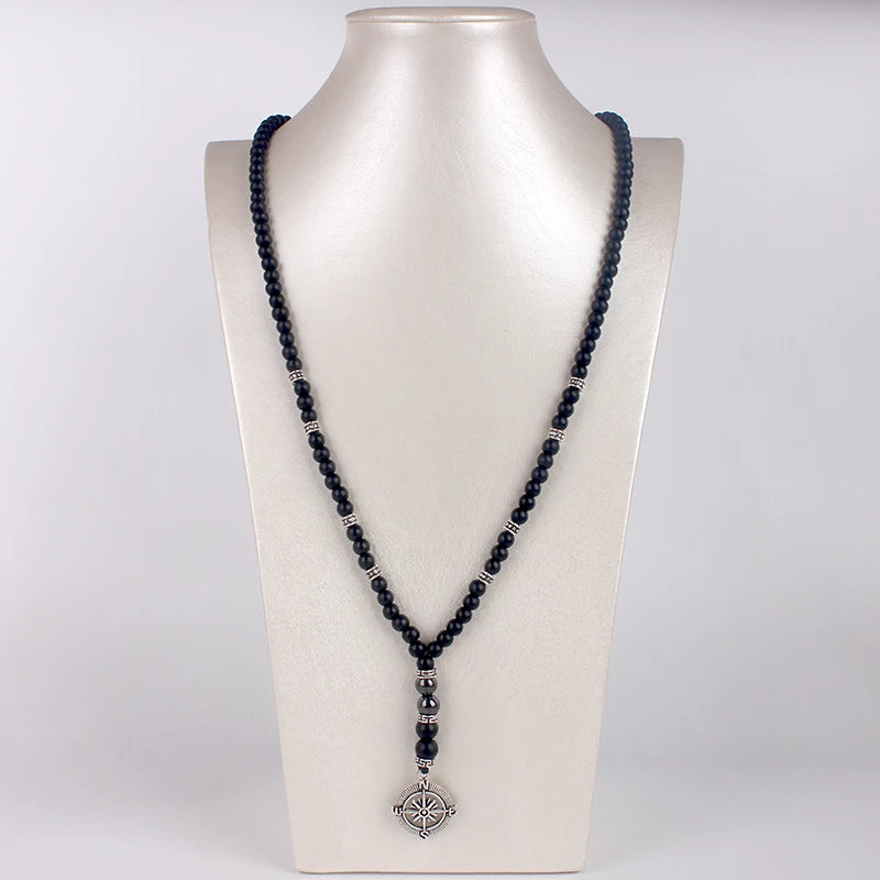 Matte Black Beaded Compass Pendant Necklace 6mm — Zinc Alloy
