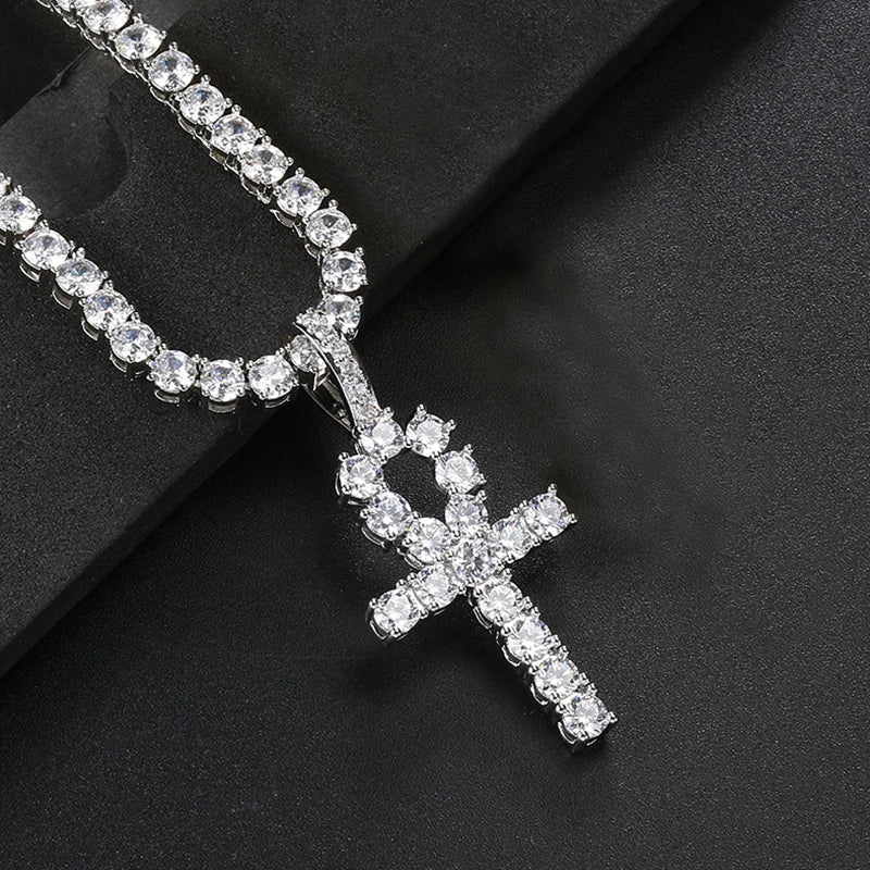Iced Out Tennis Cross Pendant — Gold