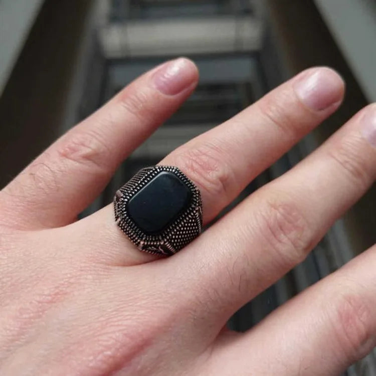 Vintage Handmade Square Onyx Stone Silver Plated Ring Men and Women Turkish Signet Big Ring Punk Jewelry Factory