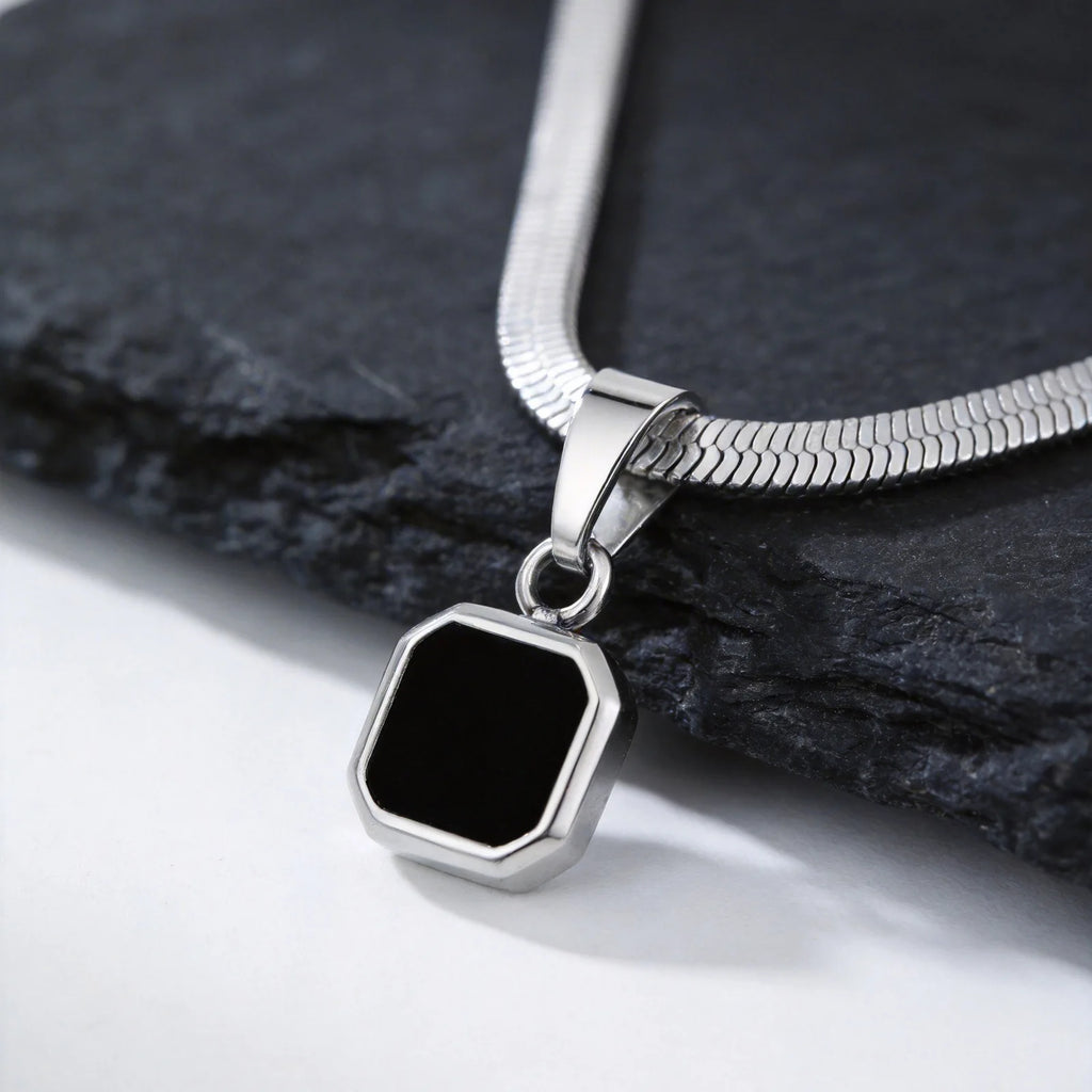 Vnox Geometric Square Natural Stone Pendant Necklace for Men, Gold Silver Color Stainless Steel Blade Chain, Trendy