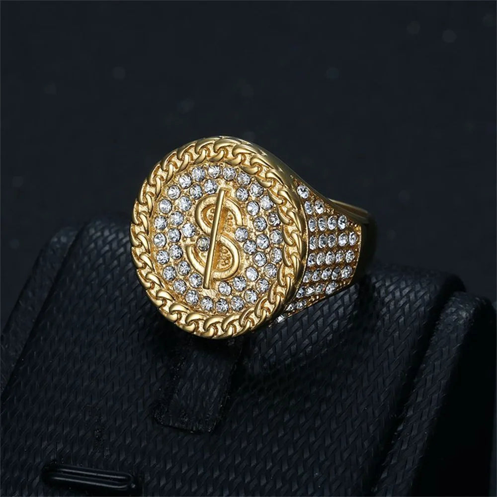 Hip Hop Iced Out Bling Dollar Signs Ring Male Gold Color Stainless Steel Rapper Big Round Money Rings For Men Party