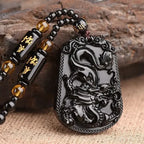 Vintage Natural Obsidian Dragon Pendant Necklace Zodiac Dragon Carved Chinese Mascot Amulet Lucky Men Necklace