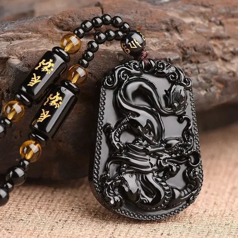 Vintage Natural Obsidian Dragon Pendant Necklace Zodiac Dragon Carved Chinese Mascot Amulet Lucky Men Necklace