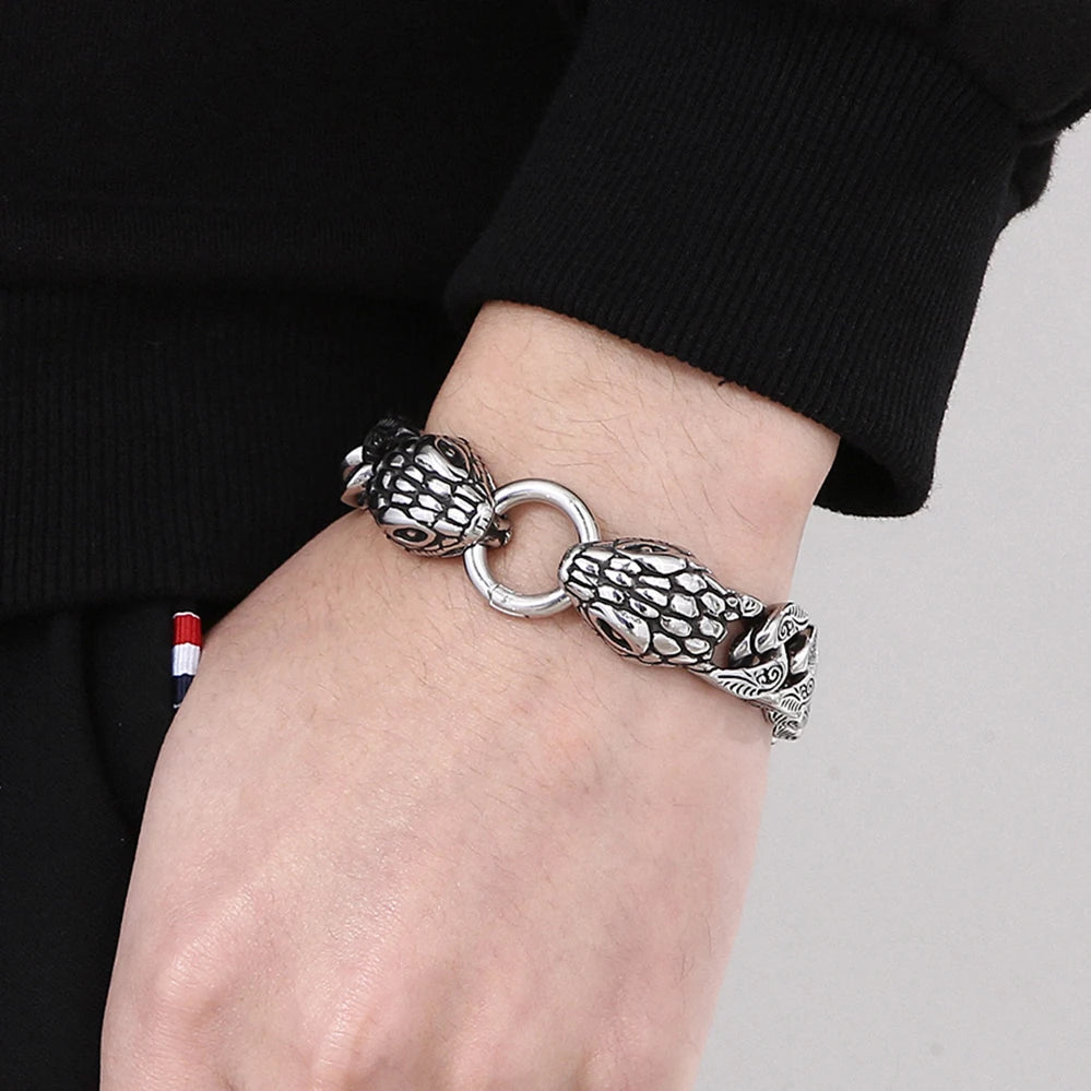 Cool Men's Snake Head Bracelet for Man Male Arm Rings Vintage 15MM Stainless Steel Curb Link Chain Bikers' Jewelry