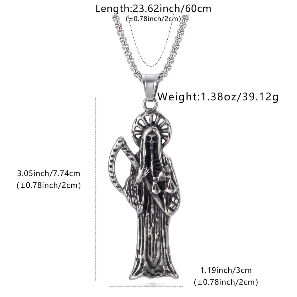 Silvery Stainless Steel Santa Muerte Grim Reaper Scales Pendant Necklace Gothic Mexican Dark Religious Jewelry Gift For Men Wome