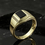 Fashion Luxury Golden Square Black Onyx Signet Ring for Men, Synthetic CZ Accent Vintage Business Masculine Jewelry
