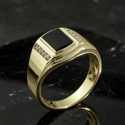 Fashion Luxury Golden Square Black Onyx Signet Ring for Men, Synthetic CZ Accent Vintage Business Masculine Jewelry