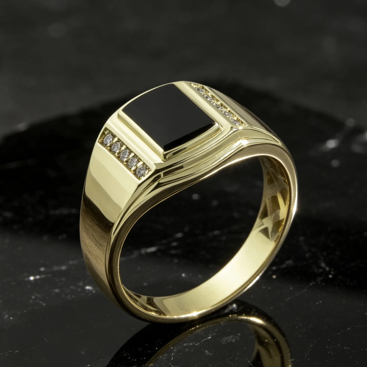 Fashion Luxury Golden Square Black Onyx Signet Ring for Men, Synthetic CZ Accent Vintage Business Masculine Jewelry