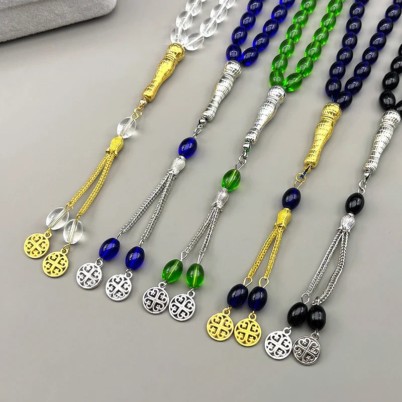 33Pcs Glass Rosary Muslim Prayer Keyring String Tassel Islamic Middle East Uae Dubai Arab Islam Car Pendant Jewelry