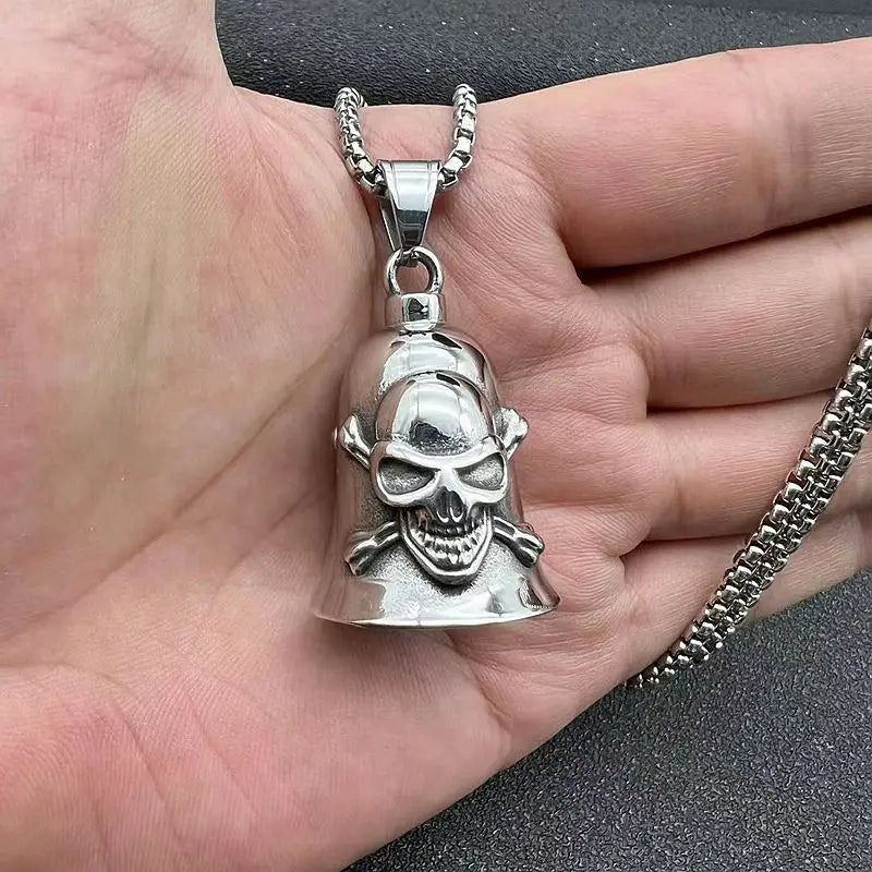 Pirate Skull Moto Bell Pendant Necklace — Gothic Motorcycle Rider