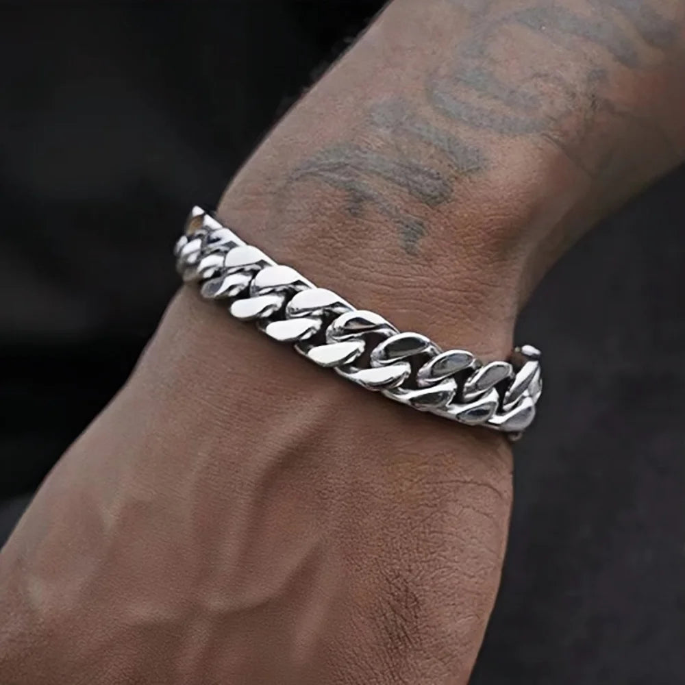 9mm Retro Stainless Steel Cuban Chain Bracelet Simple Silver Color Men Stainless Steel Jewelry Fashion Casual Wear