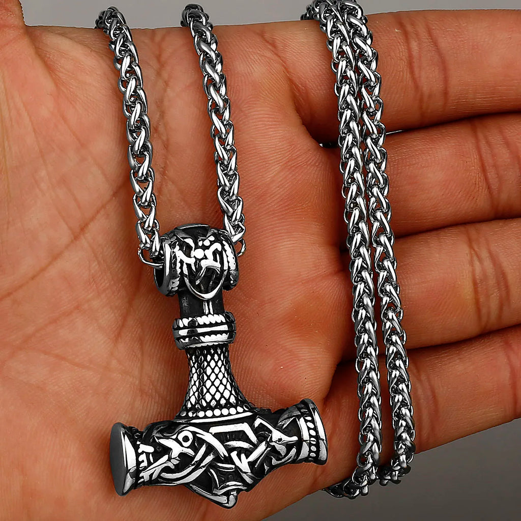 Viking Thor's Hammer Vintage Personality Necklace Stainless Steel Vegvisir Anchor Pendant Necklace Men's Amulet Jewelry