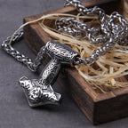 Fashion Valknut Viking Thor's Hammer Pendant Necklace With keel Chain As Men Gift with wooden box