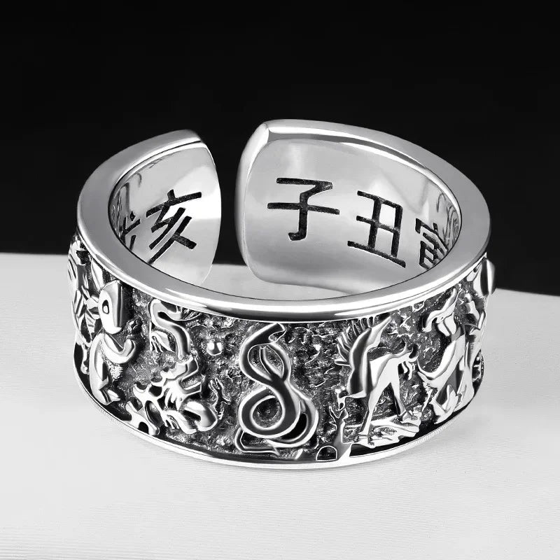 Stereoscopic Embossed Design Zodiac Mens Rings Retro Opening Adjustable Wide Ring New 925 Silver Manly Handsome Banquet Jewelry