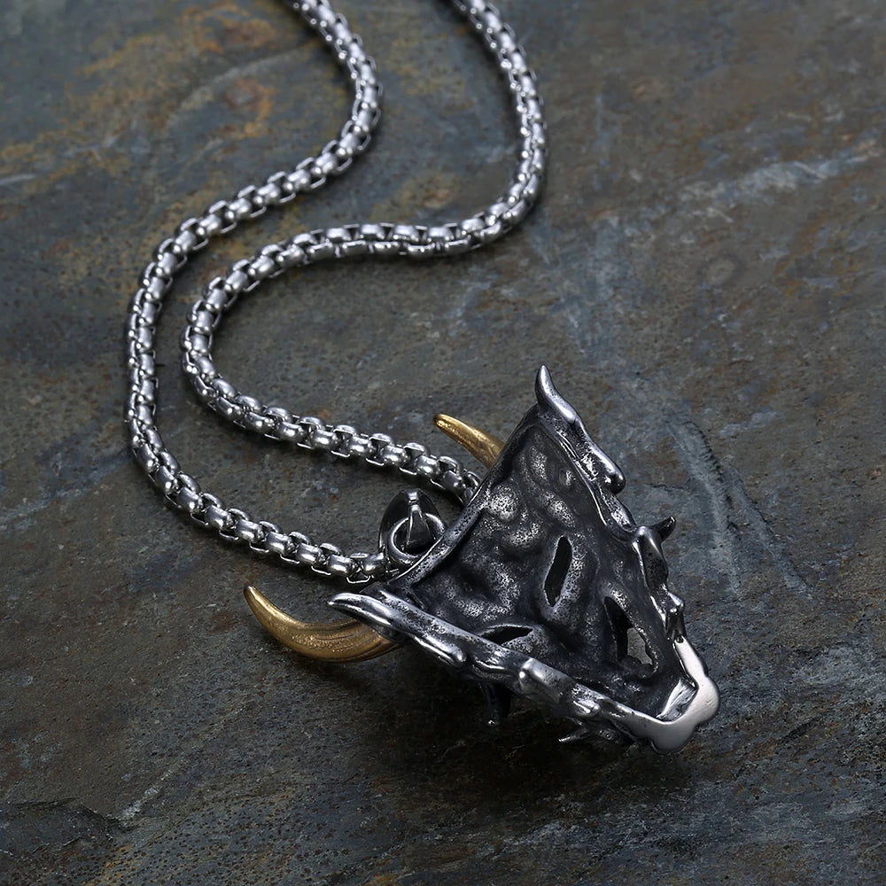 Vintage Japanese Prajina Demon Skull Mask Pendant Necklace For Men Boys Stainless Steel Hip Hop Rock Party Necklace Jewelry Gift