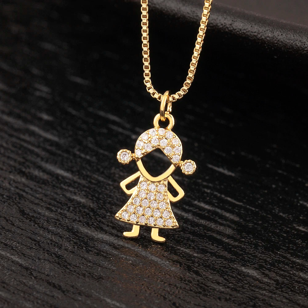 New Fashion Pave Shiny Crystal Zircon Girls Boys Son Daughter Pendant Necklace For Female Male Chain Link Jewelry Accessories