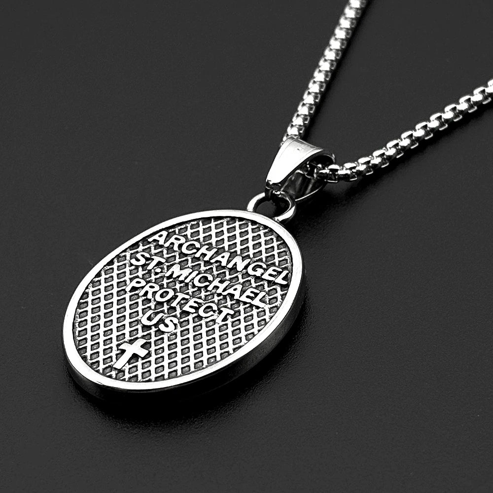 Archangel Saint Michael Pray for Us Stainless Steel Chain Necklace for Women Men Silver Color Oval Pendant Necklaces