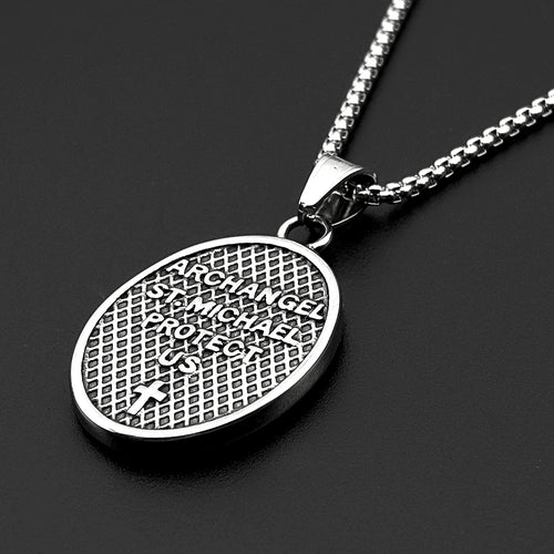 Archangel Saint Michael Pray for Us Stainless Steel Chain Necklace for Women Men Silver Color Oval Pendant Necklaces