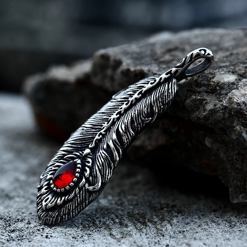 Iced Out Fire Feather Stainless Steel Pendant Necklace