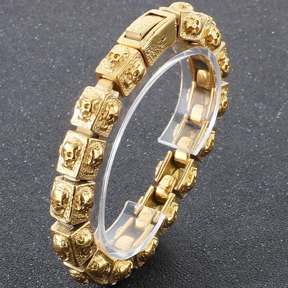 Vintage Solid Stainless Steel Bracelet for Man Men's Skeleton Jewelry Accessories 14MM Width Skull Face Head Chain
