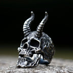 Satanic Skull Horn Ring — Heavy Gothic, 316L Stainless Steel