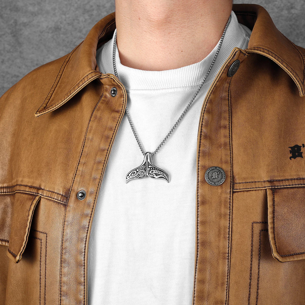 Retro Viking Whale Tail Men Necklace With Pendant Stainless Steel Jewelry For Male Women Punk Carving Accessories Gift Wholesale