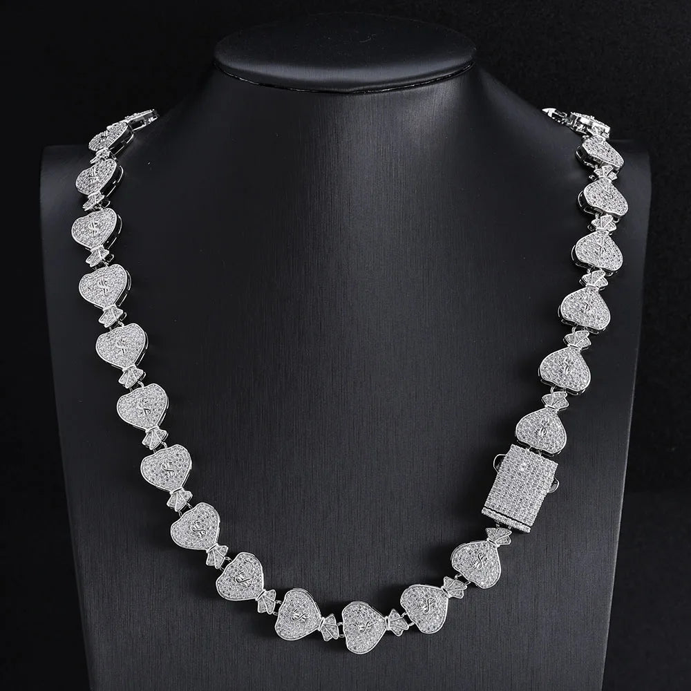 Iced Out Cuban Chain Necklace Money Bag CZ