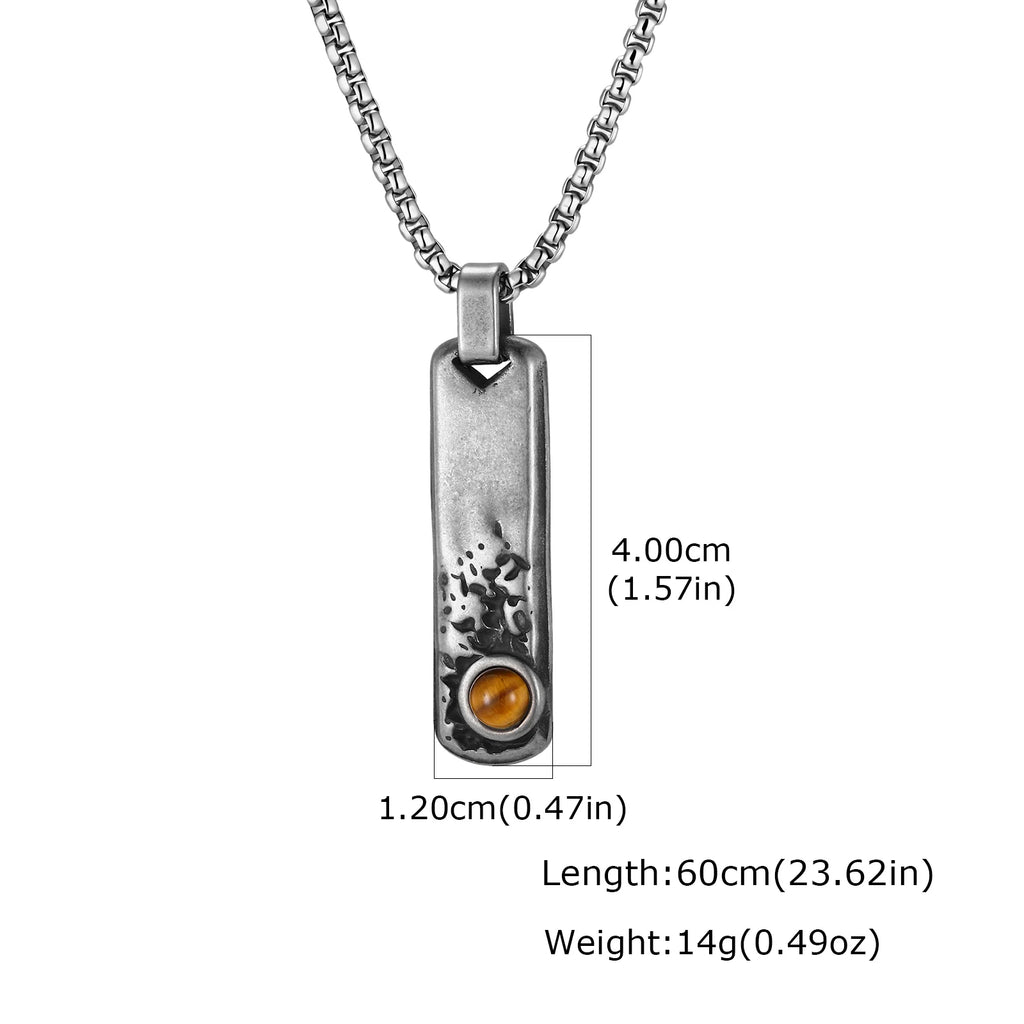Vintage Men's Natural Stone Rectangle Pendant Necklace,Grey Stainless Steel Thin Bar Necklace,Birthday Party Jewelry