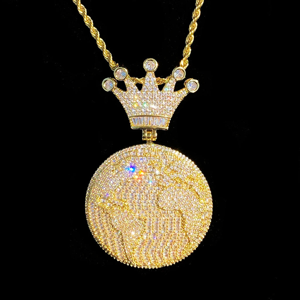 Aokaishen Iced Out Globe World Crown Bail Necklace Pendant for Men Real Gold Plated 5A Grade Hip Hop Jewelry