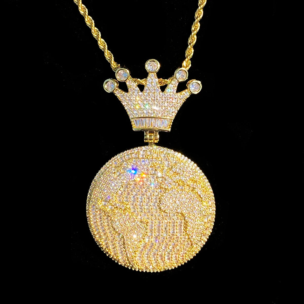 Aokaishen Iced Out Globe World Crown Bail Necklace Pendant for Men Real Gold Plated 5A Grade Hip Hop Jewelry
