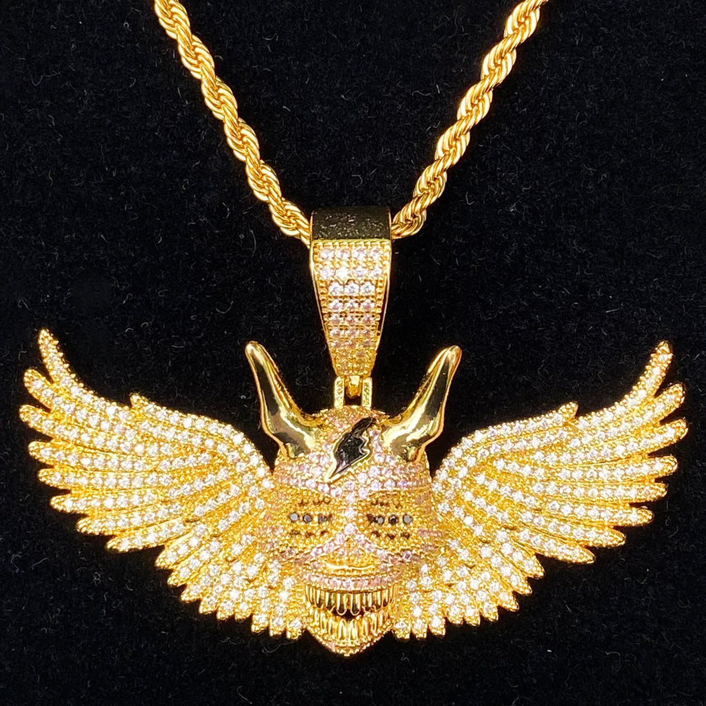Aokaishen Iced Out Wing Skull Necklace Pendant for Men Real Gold Plated 5A Cubic Zirconia Hip Hop Jewelry