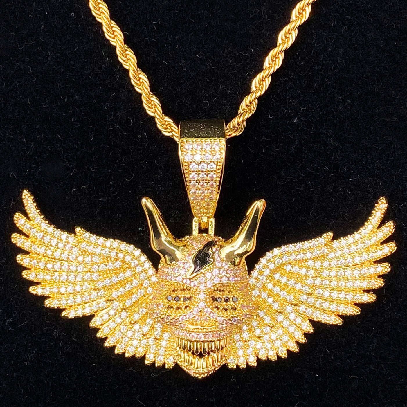 Aokaishen Iced Out Wing Skull Necklace Pendant for Men Real Gold Plated 5A Cubic Zirconia Hip Hop Jewelry