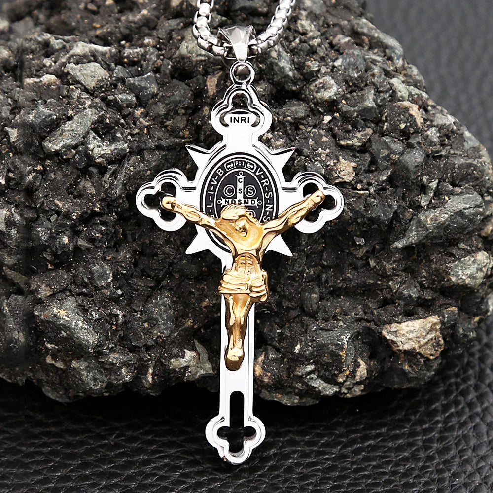 Vintage Christian Jesus Cross Pendant Necklace Men's Stainless Steel Religious Jesus Necklaces Prayer Baptism Jewelry Wholesale