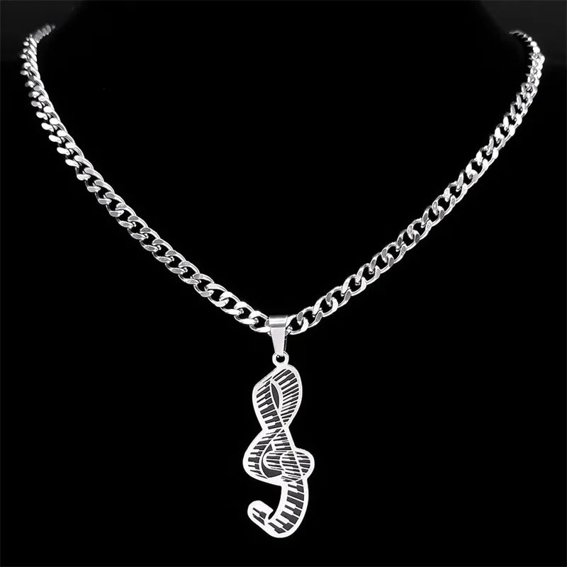 Piano Note Silver Pendant Necklace — Stainless Steel