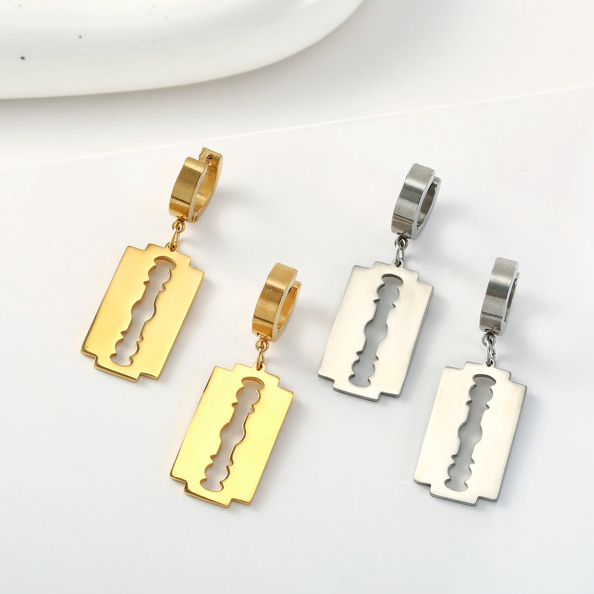 Razor Blade Circle Drop Hoop Earrings — Stainless Steel