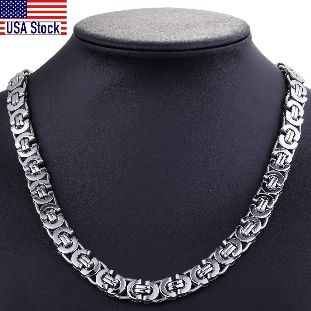 11mm 316L Stainless Steel Flat Byzantine Link Necklace For Mens Boys Punk Hip Hop Silver Color Choker Necklaces KN05