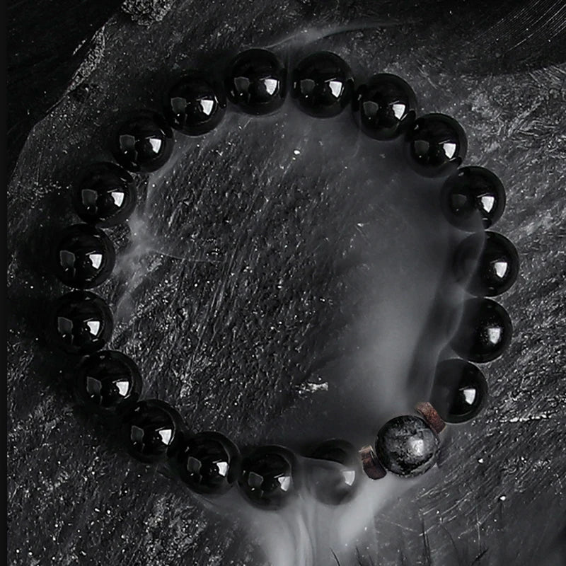 Dark Series Black Stone Bead Elastic Bracelet for Men Women